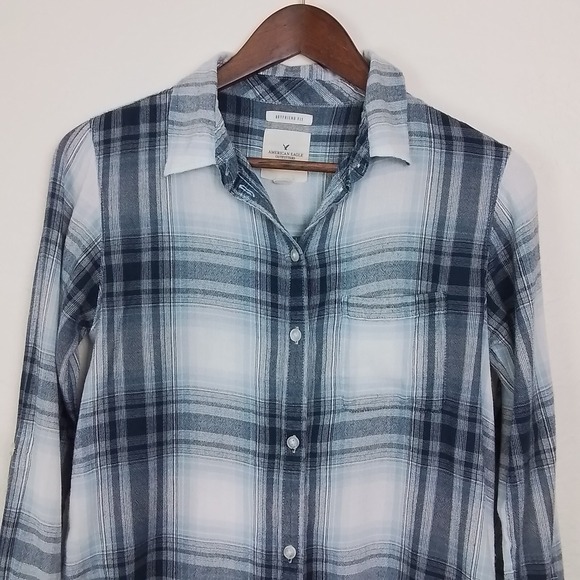 American Eagle Womens Flannel Shirt Sz S Charcoal Blue Plaid Boyfriend Roll‎ Tab - Picture 4 of 15